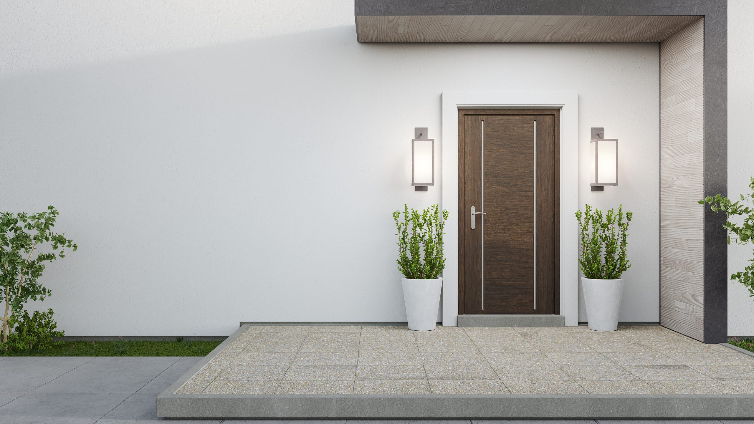 New house with wooden door and empty white wall. 3d rendering of